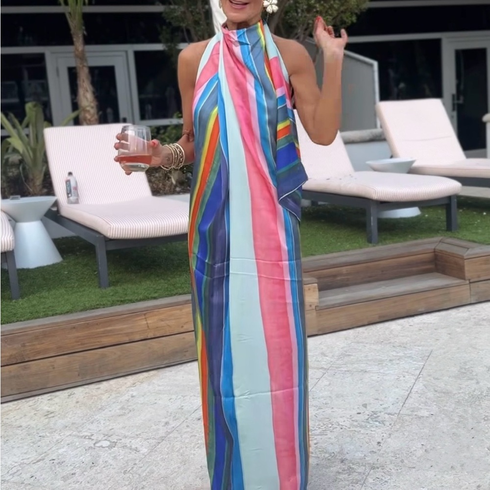 ARRANGE satin high neck drape maxi dress in painterly stripe